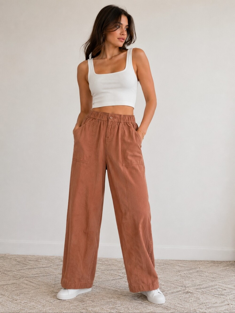 Rewash High Rise Wide Leg Cargo Pants Terracotta 100% Cotton Sz Small